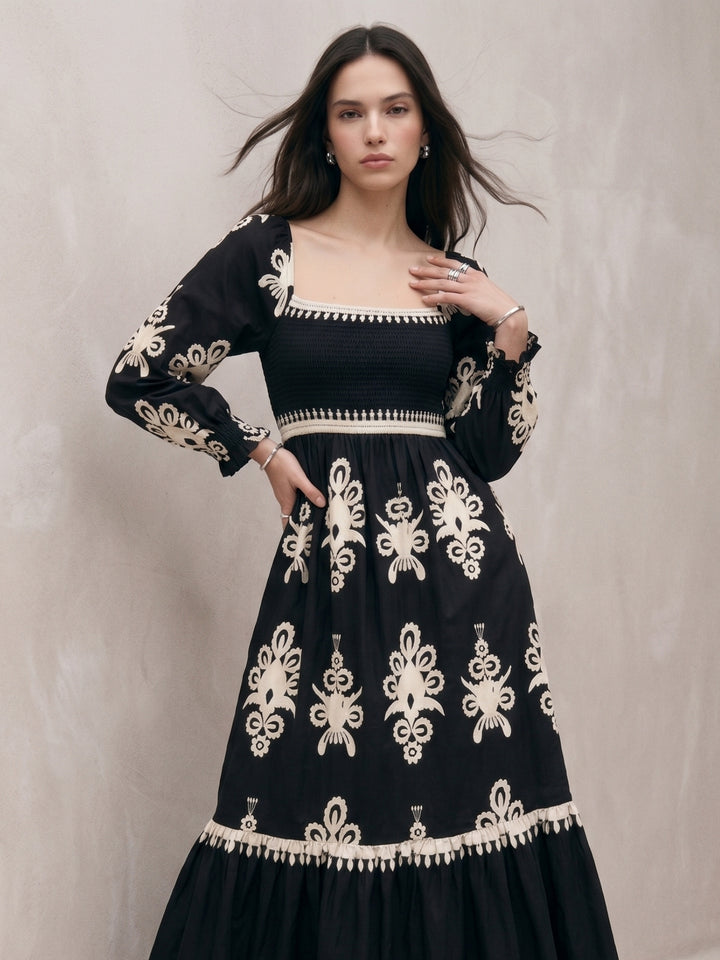 Black Bishop Sleeve Square Neck Printed Dress