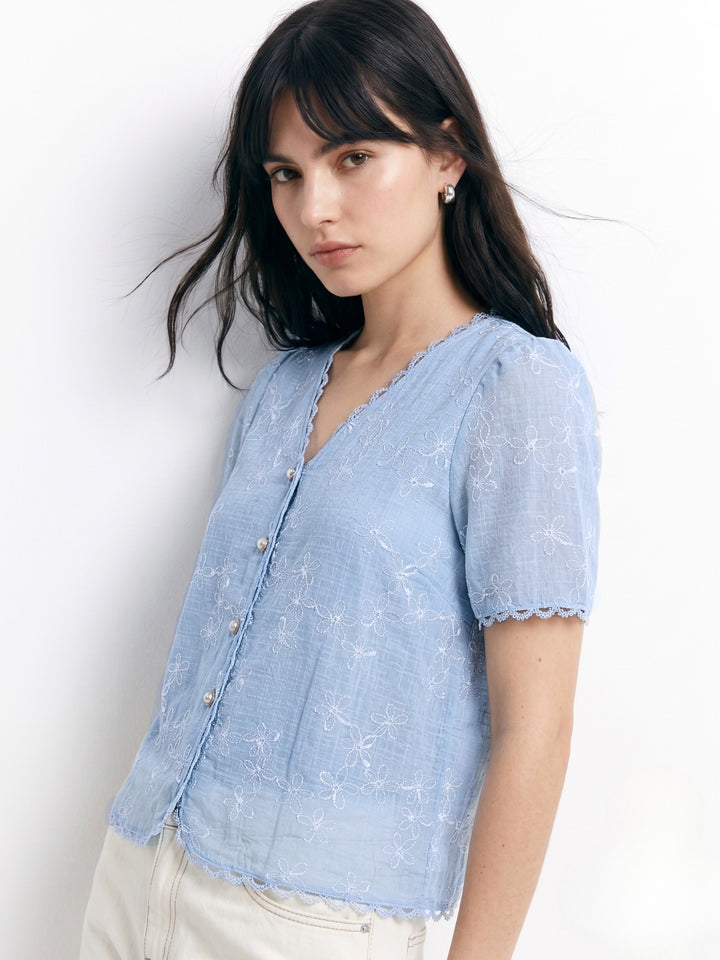 Blue Scallop Lace Neck Inserts Short Sleeve Relaxed Blouson Top