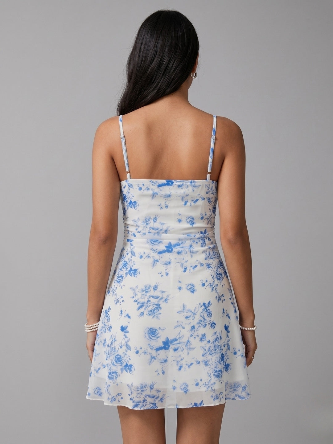 Blue Spaghetti Strap Floral Printed Dress