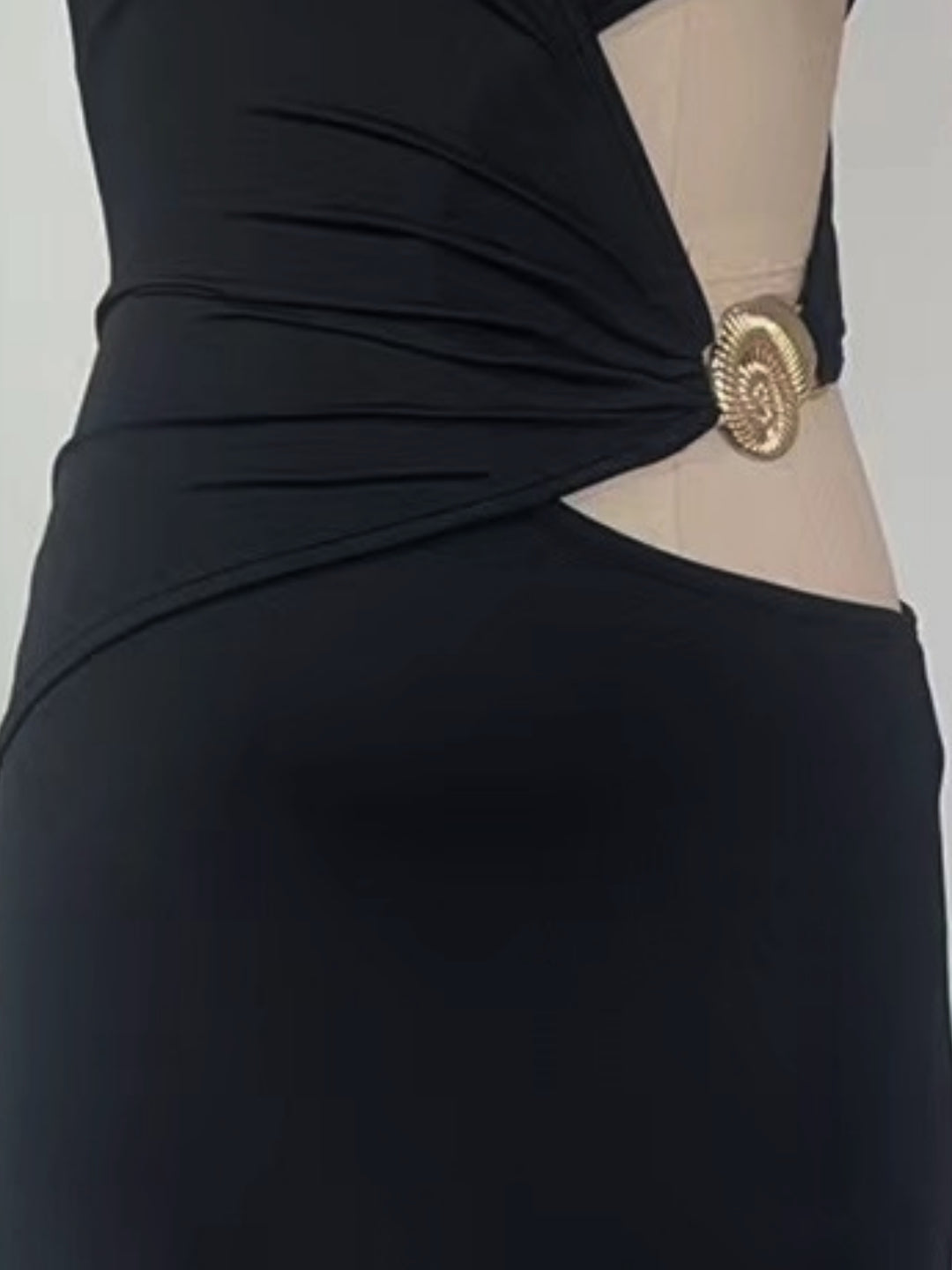 Black Plunge Neck Dress With Side Cut Out And Metal Detail