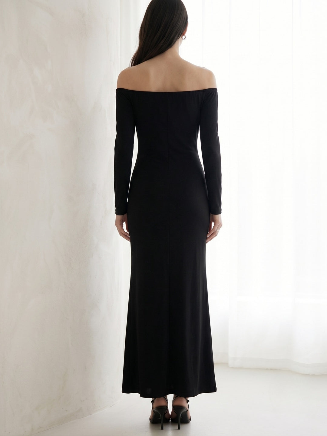 Black Off-Shoulder Fitted Dress With Neck Floral Lace Detail