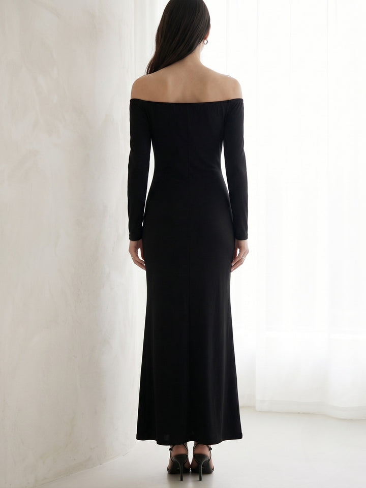 Black Off-Shoulder Fitted Dress With Neck Floral Lace Detail