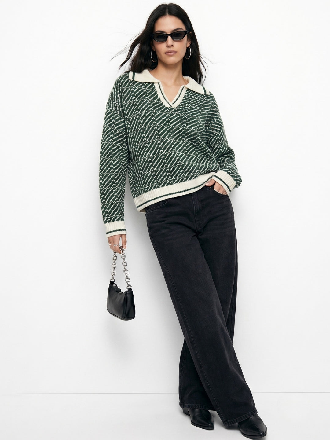 Green Geometric Jacquard Polo Sweater