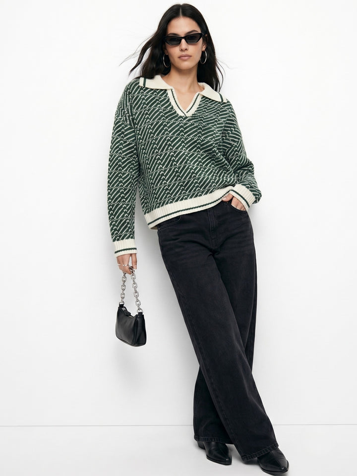 Green Geometric Jacquard Polo Sweater