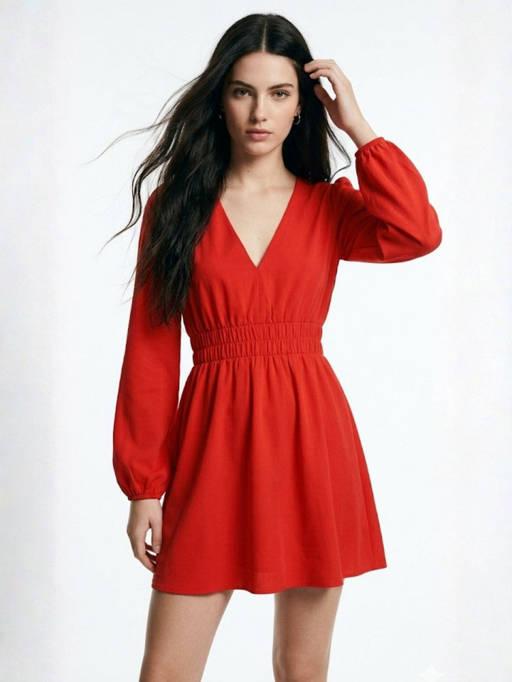Orange Bishop Sleeve Waist Fitted Skater Dress