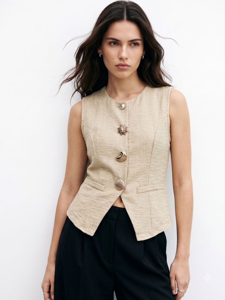 Beige Sleeve Stylized Buttoned Vest