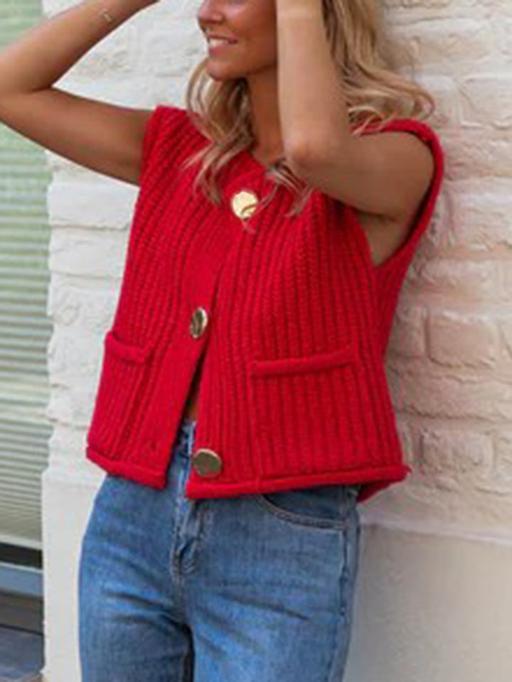 Red Sleeveless Solid Cardigan