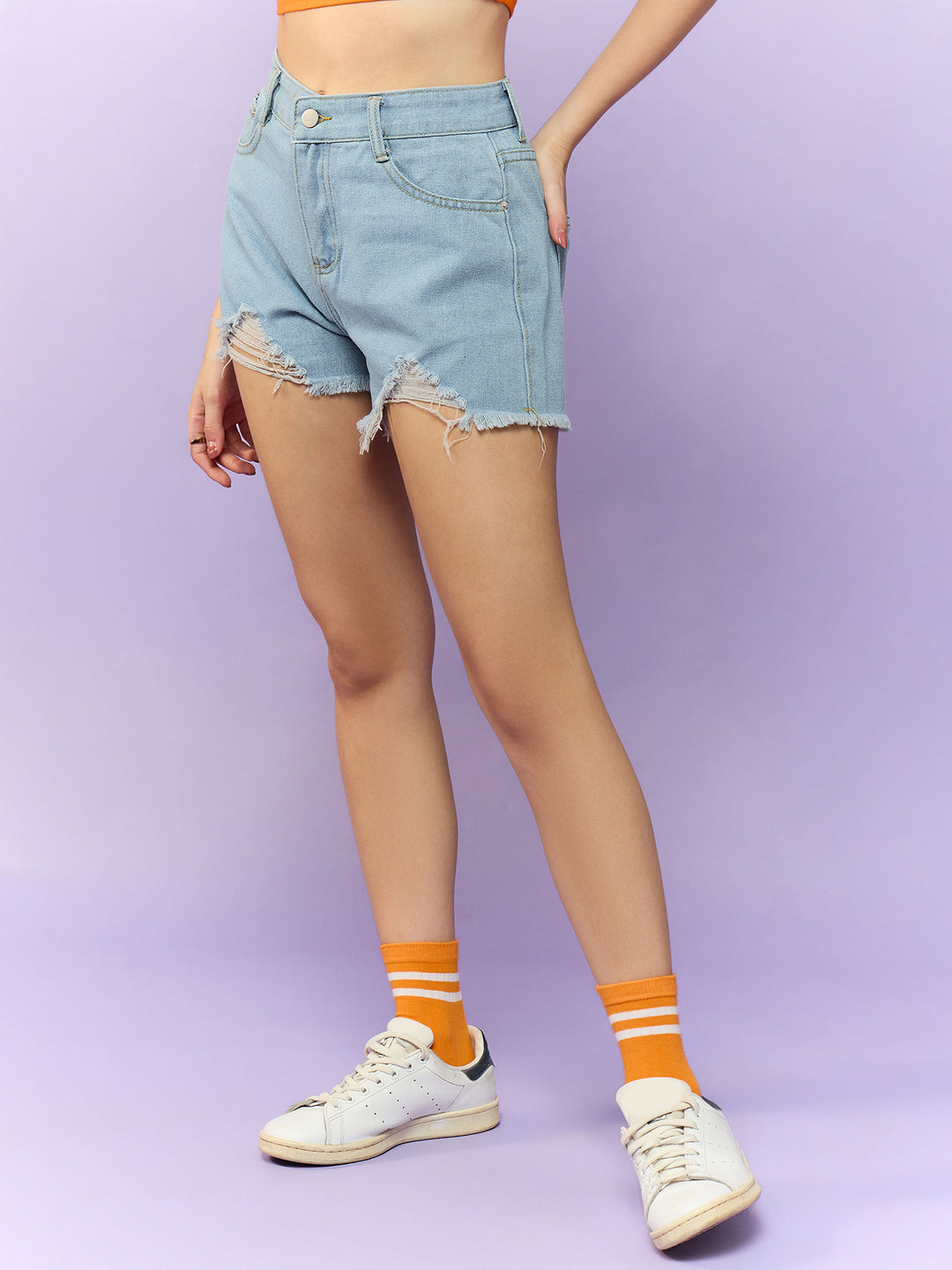 Solid Blue Frayed Denim Shorts