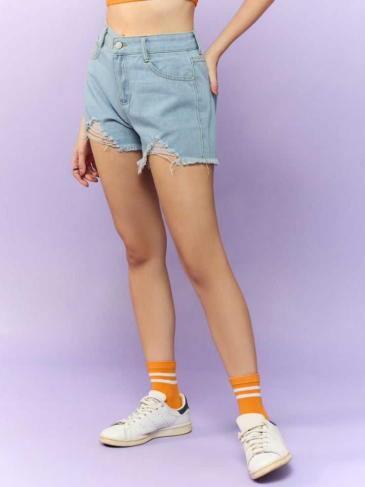 Solid Blue Frayed Denim Shorts