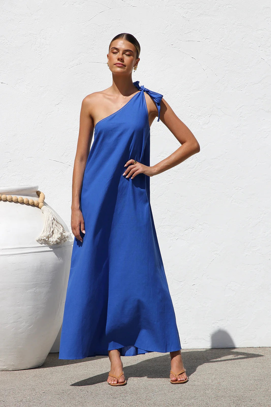 Blue One Shoulder Tie-Up Dress