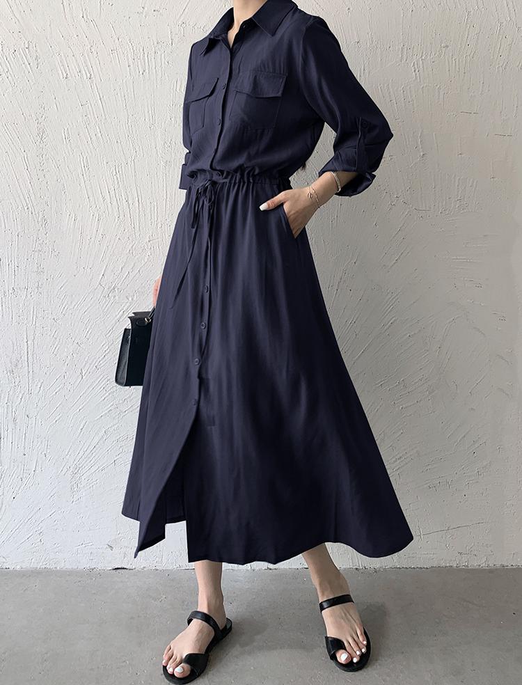 Navy Blue Three- Fourth Sleeve Collared Neck Dress