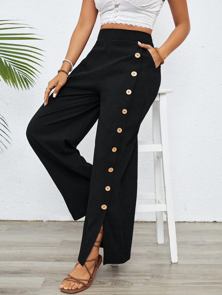 Black Side Button Detailing Pant