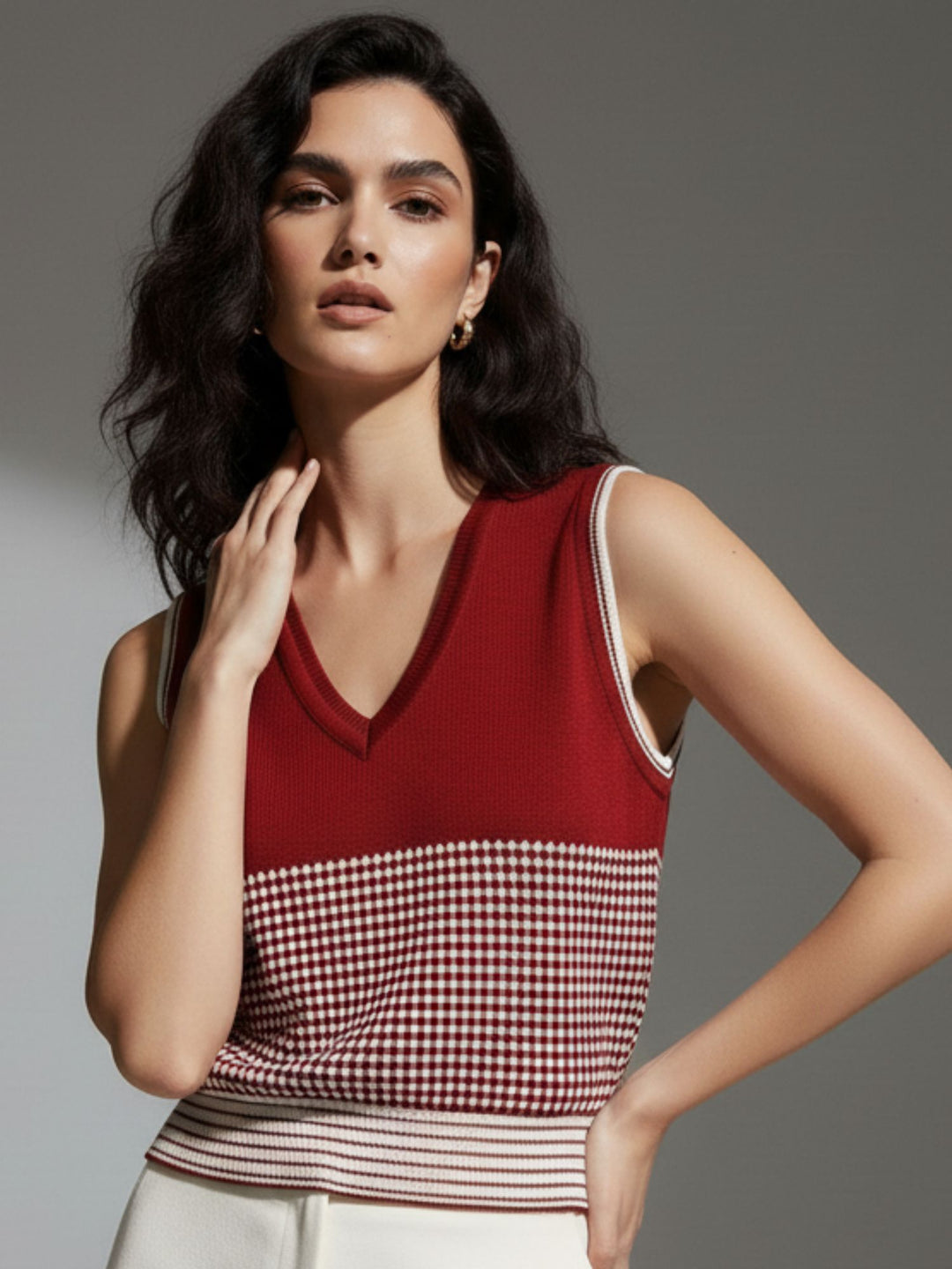 Wine V Neck Flat Knit Tank