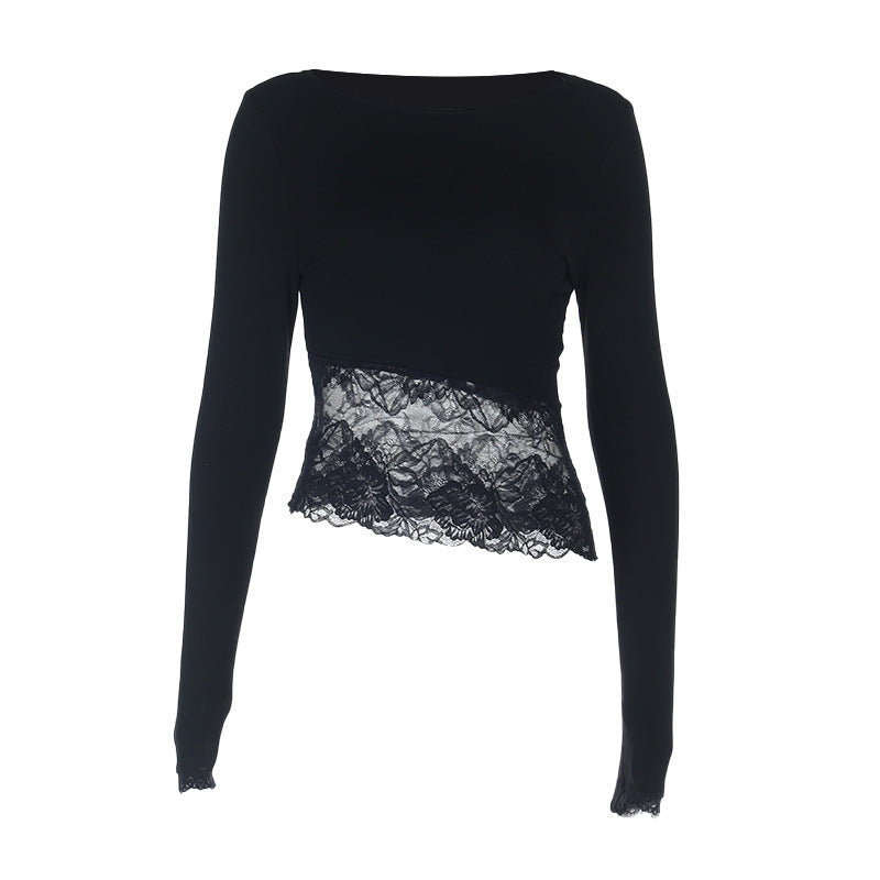 Black Asymmetric Hemline Lace-Insert Top