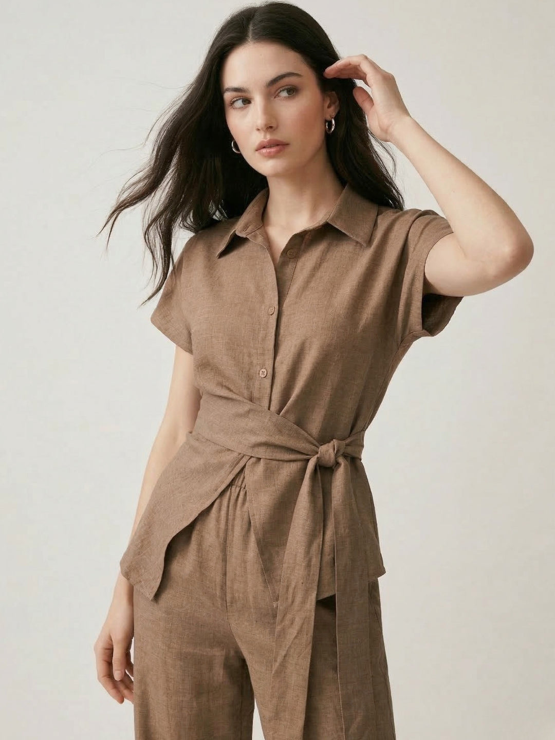 Brown Textured Shirt And Trousers Co-Ord Set