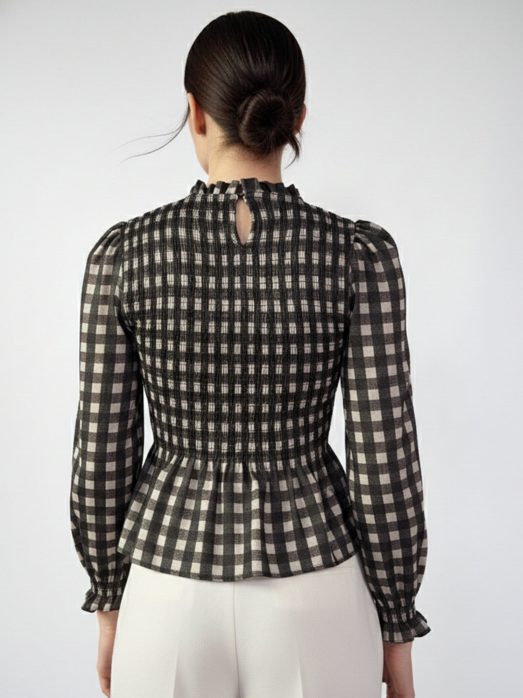 Black Smocked Bodice Checkered Top