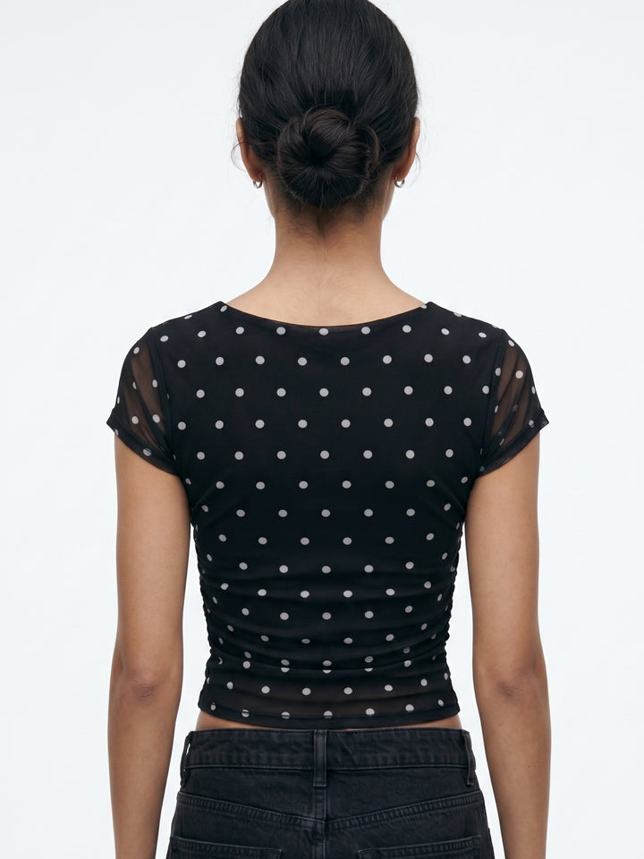Black Cap Sleeve Polka Printed Square Neck Top