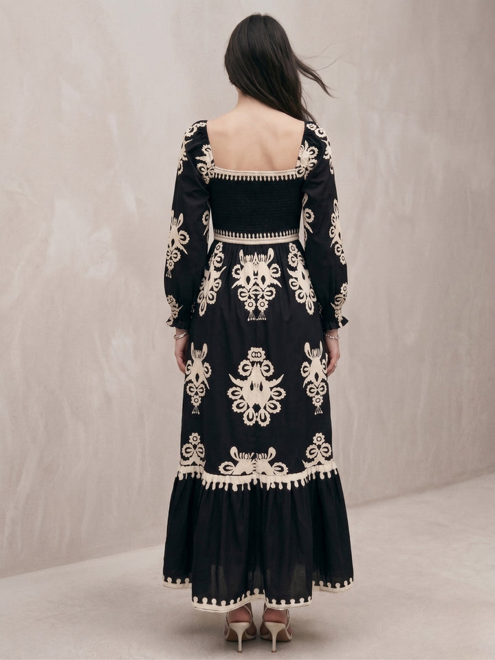 Black Bishop Sleeve Square Neck Printed Dress