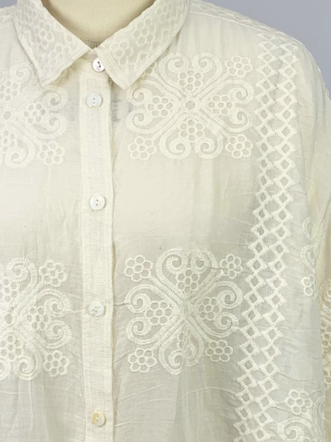 White Full Sleeve Scallop Hem Collared Semi Sheer Embroidered Shirts