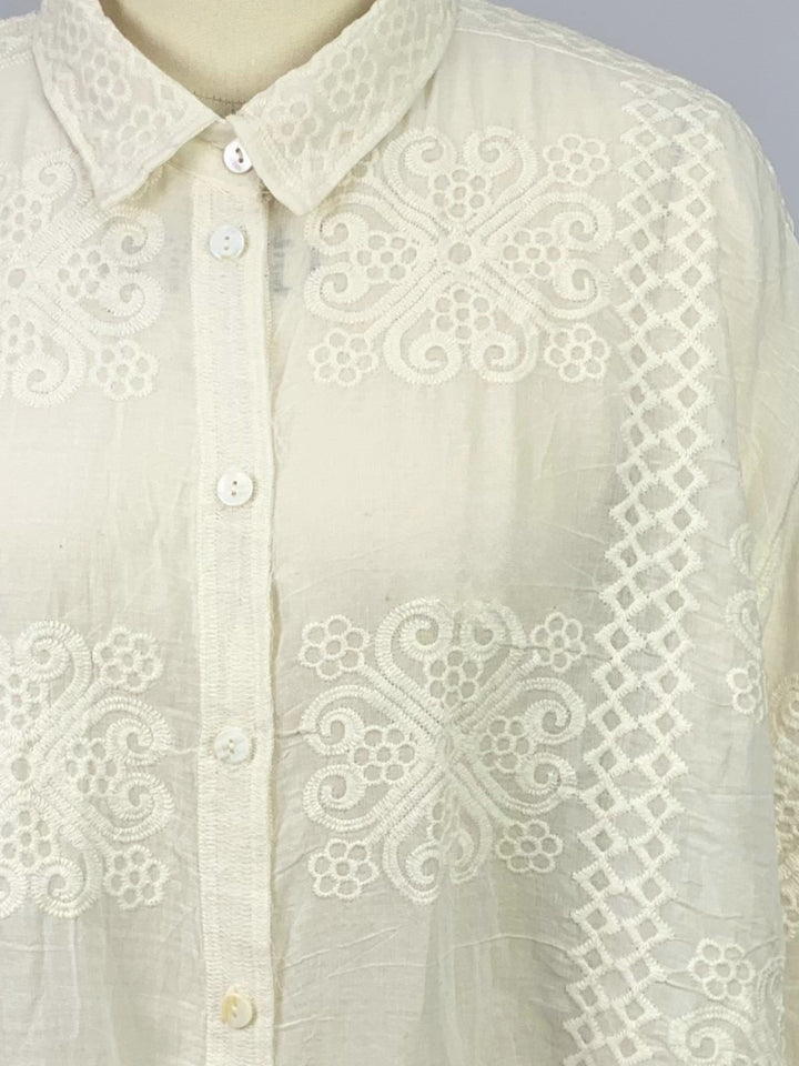 White Full Sleeve Scallop Hem Collared Semi Sheer Embroidered Shirts