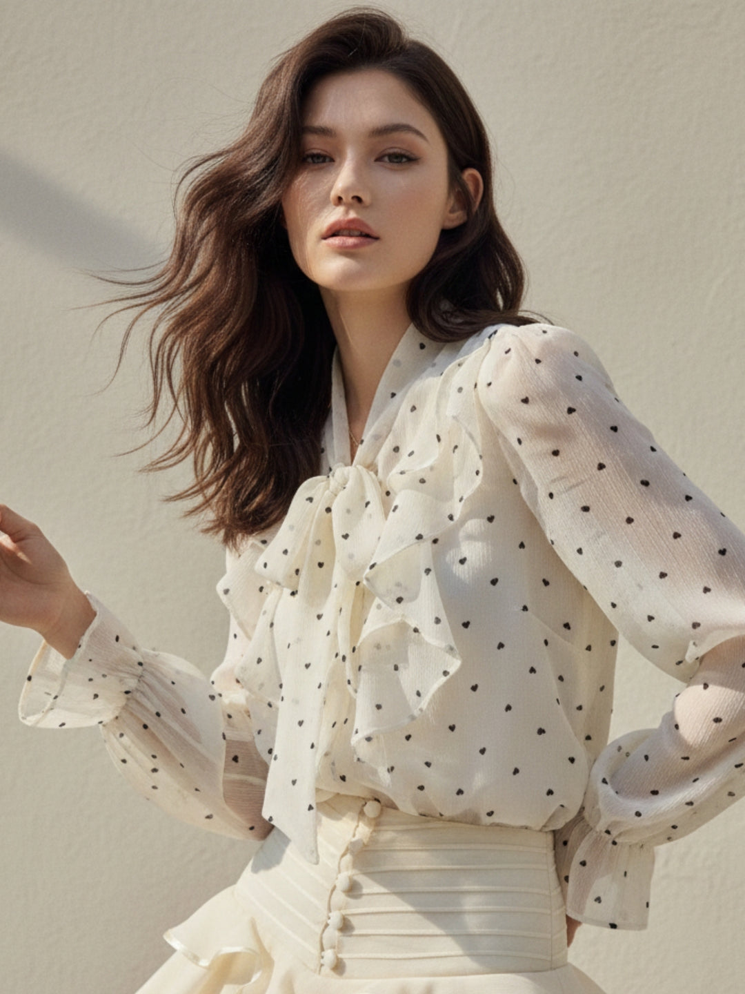 Off White Bishop Sleeve Neck Tie-Up Detail Top
