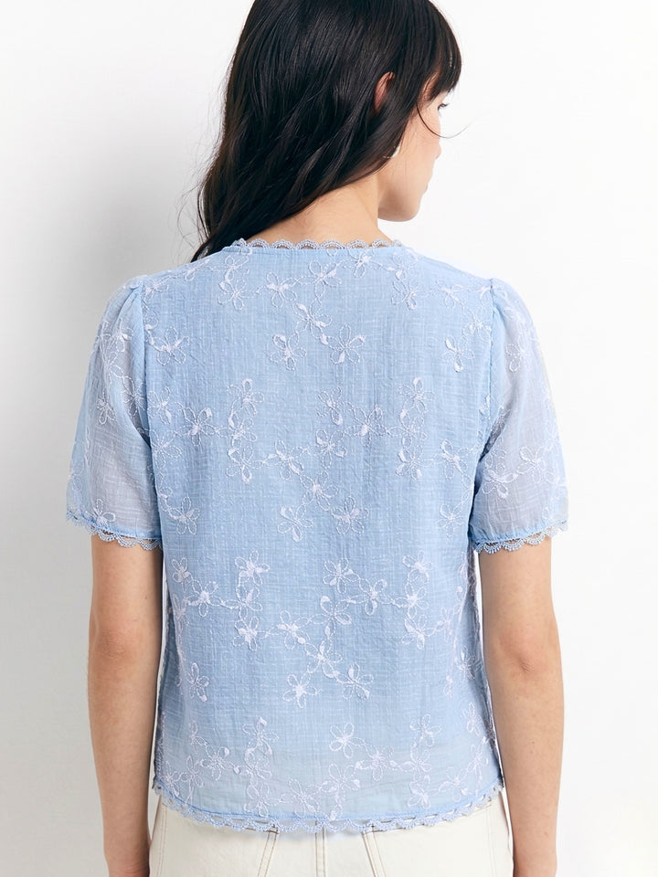 Blue Scallop Lace Neck Inserts Short Sleeve Relaxed Blouson Top