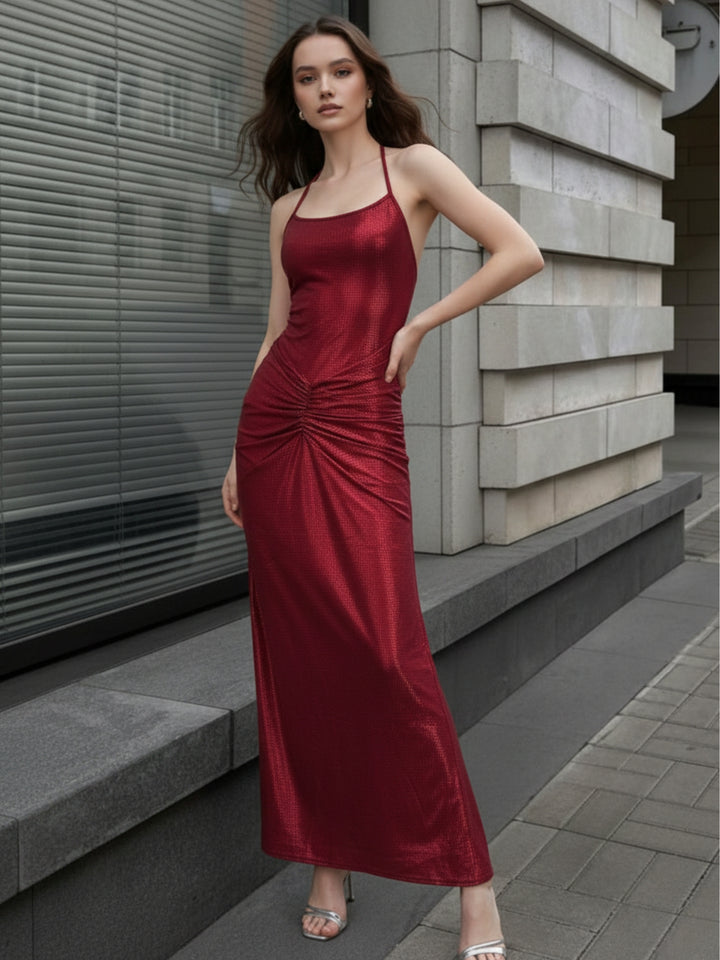 Burgundy Strappy Shimmer Evening Dress