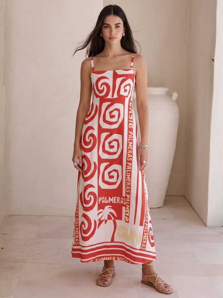 Red Spaghetti Strap Printed Dress