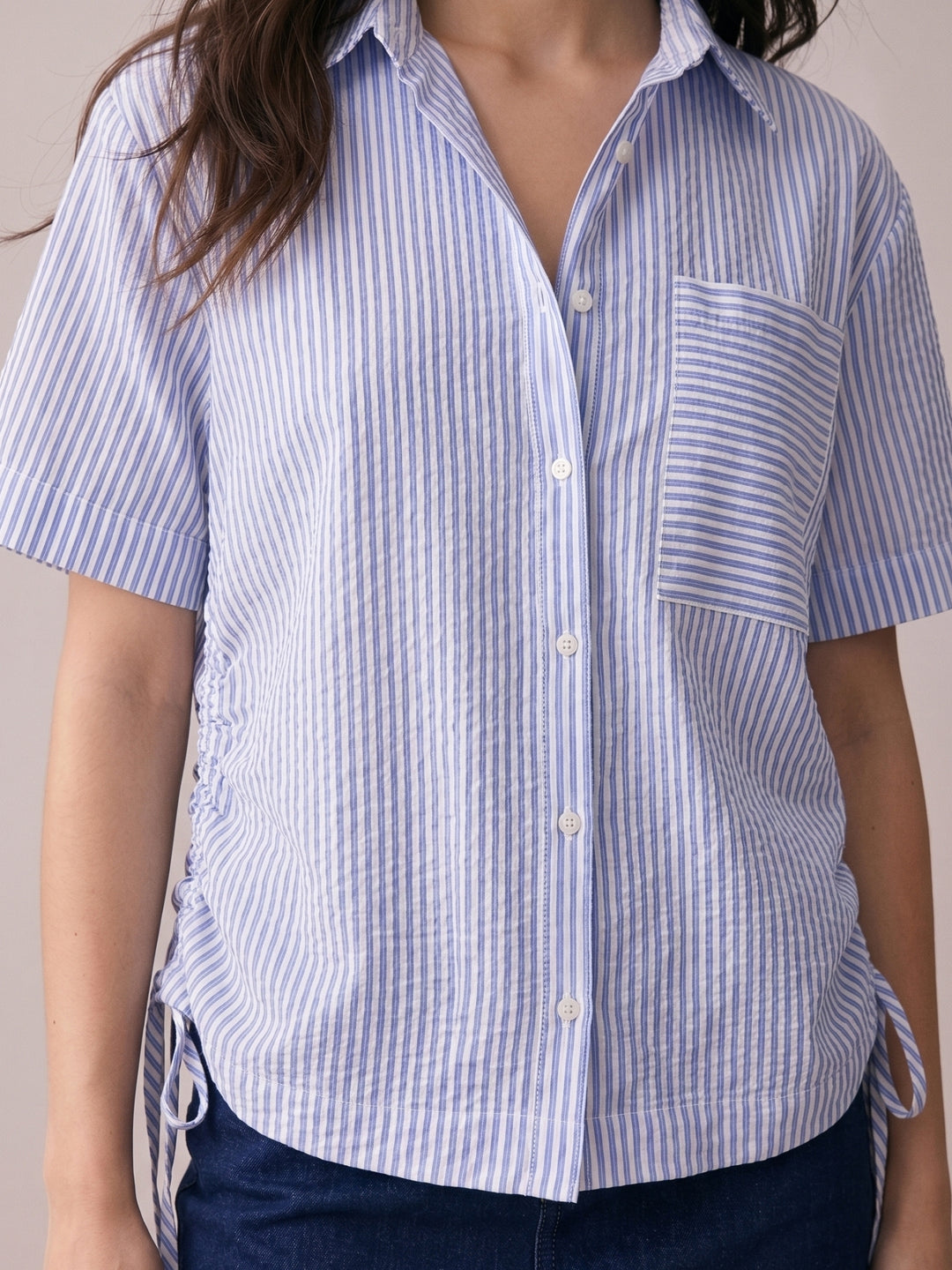 Dark Blue Boxy Shirt With Side Ruching Detail