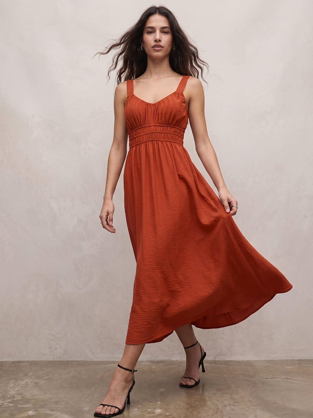 Rust Shoulder Strap Bust Pleated Flared Dress