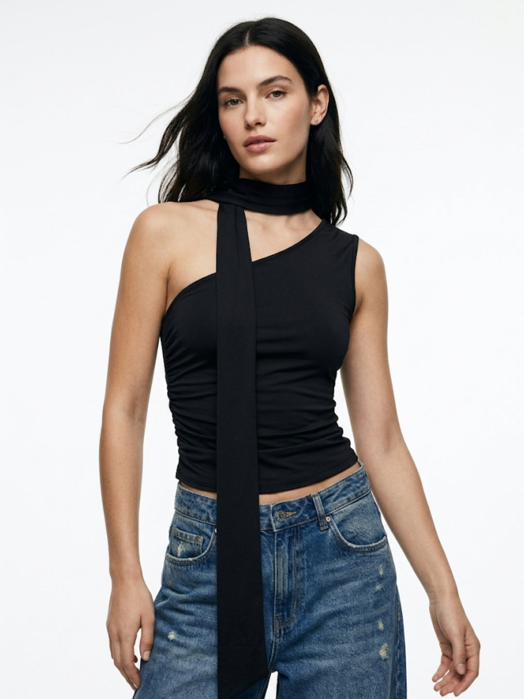 Black One Shoulder Neck Wrap Top