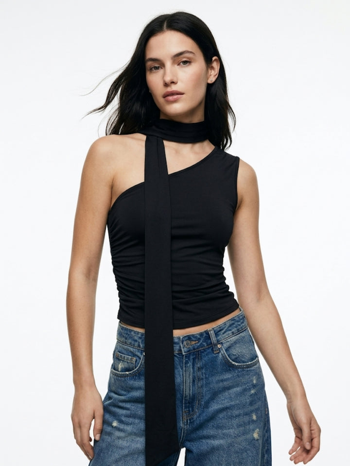 Black One Shoulder Neck Wrap Top
