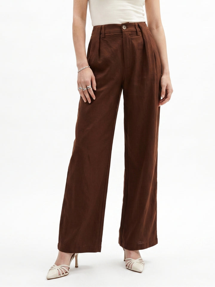 Brown Pleated High Waist Trouser With Belt Detail