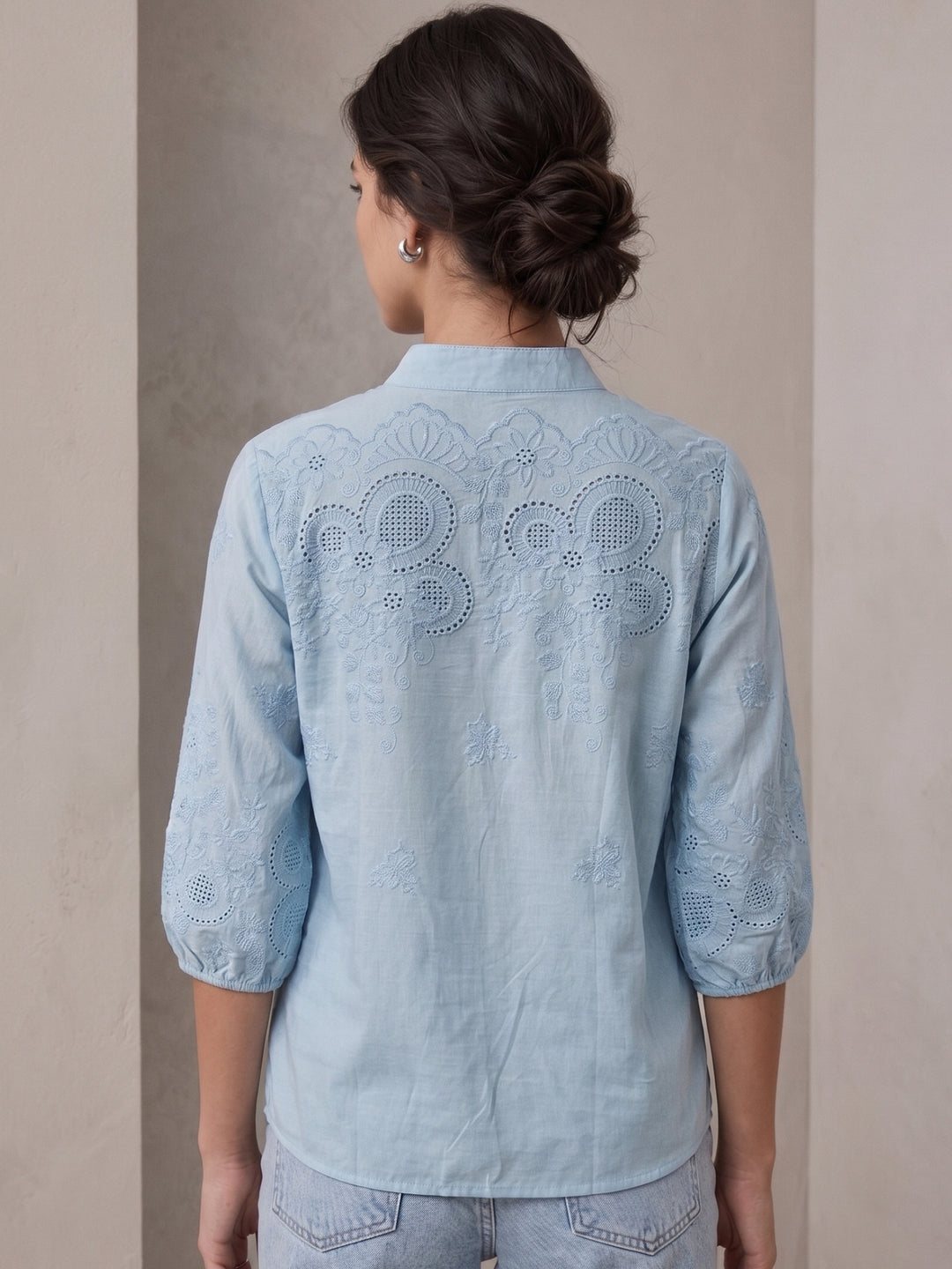 Light Blue Bishop Sleeve Front Buttoned Top