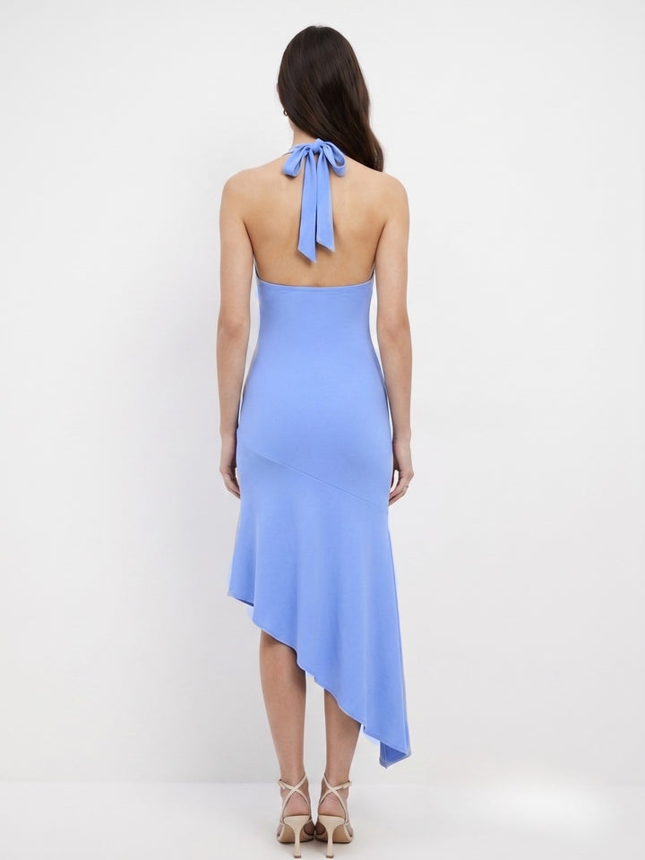 Blue Plunge Neck Dress With Asymmetric Hem