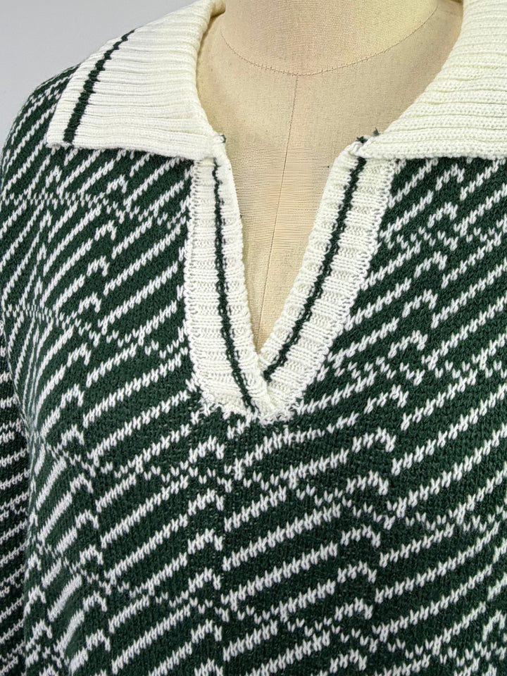Green Geometric Jacquard Polo Sweater