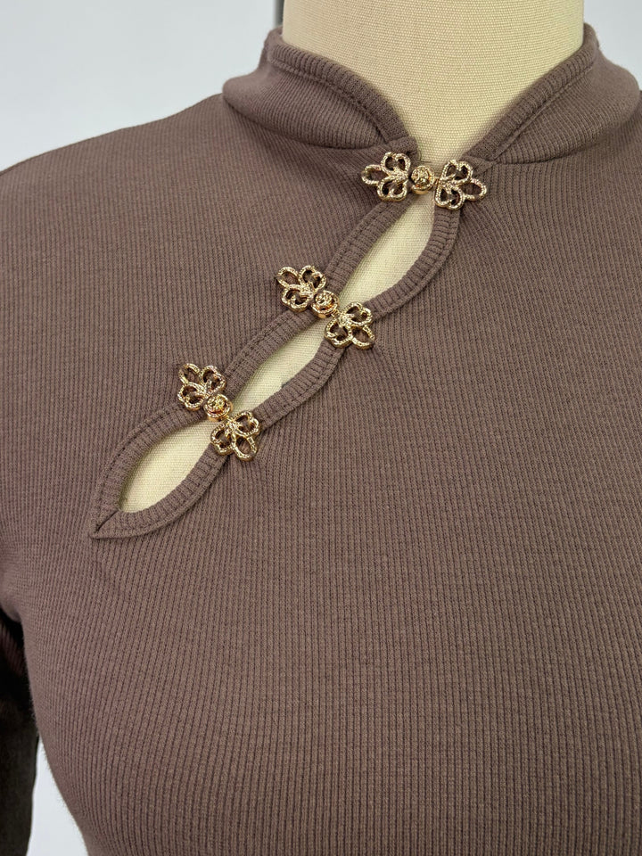 Brown Mandarin Collared Metal Trim Detail Top