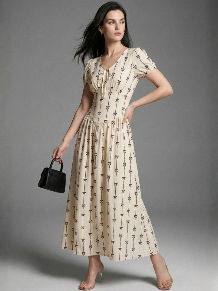Cream Short Sleeve V Neck Corset Dress