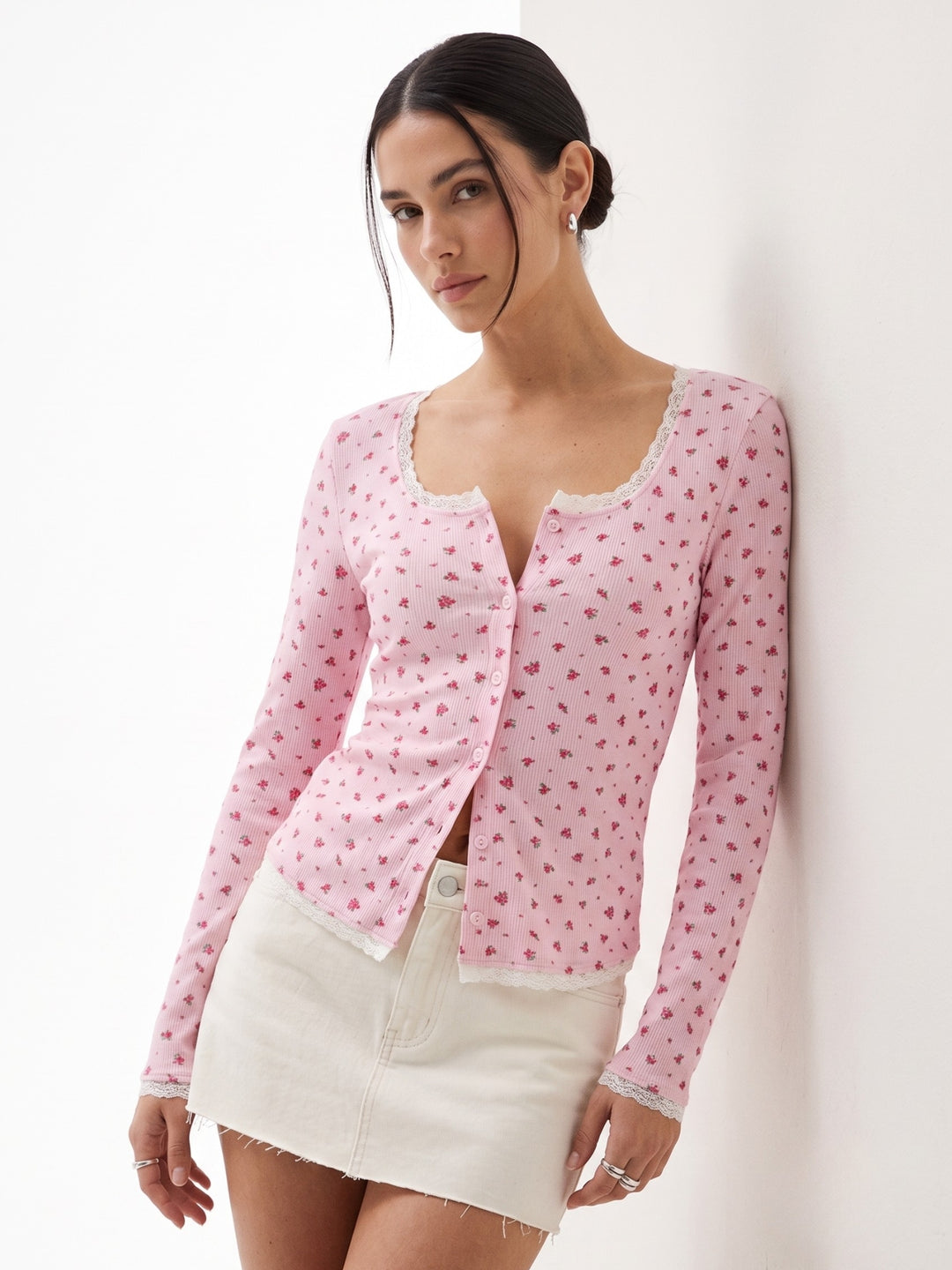 Pink Printed Ribbed Top With Lace Inserts