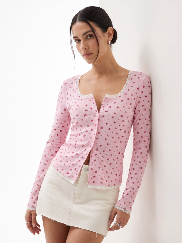 Pink Printed Ribbed Top With Lace Inserts