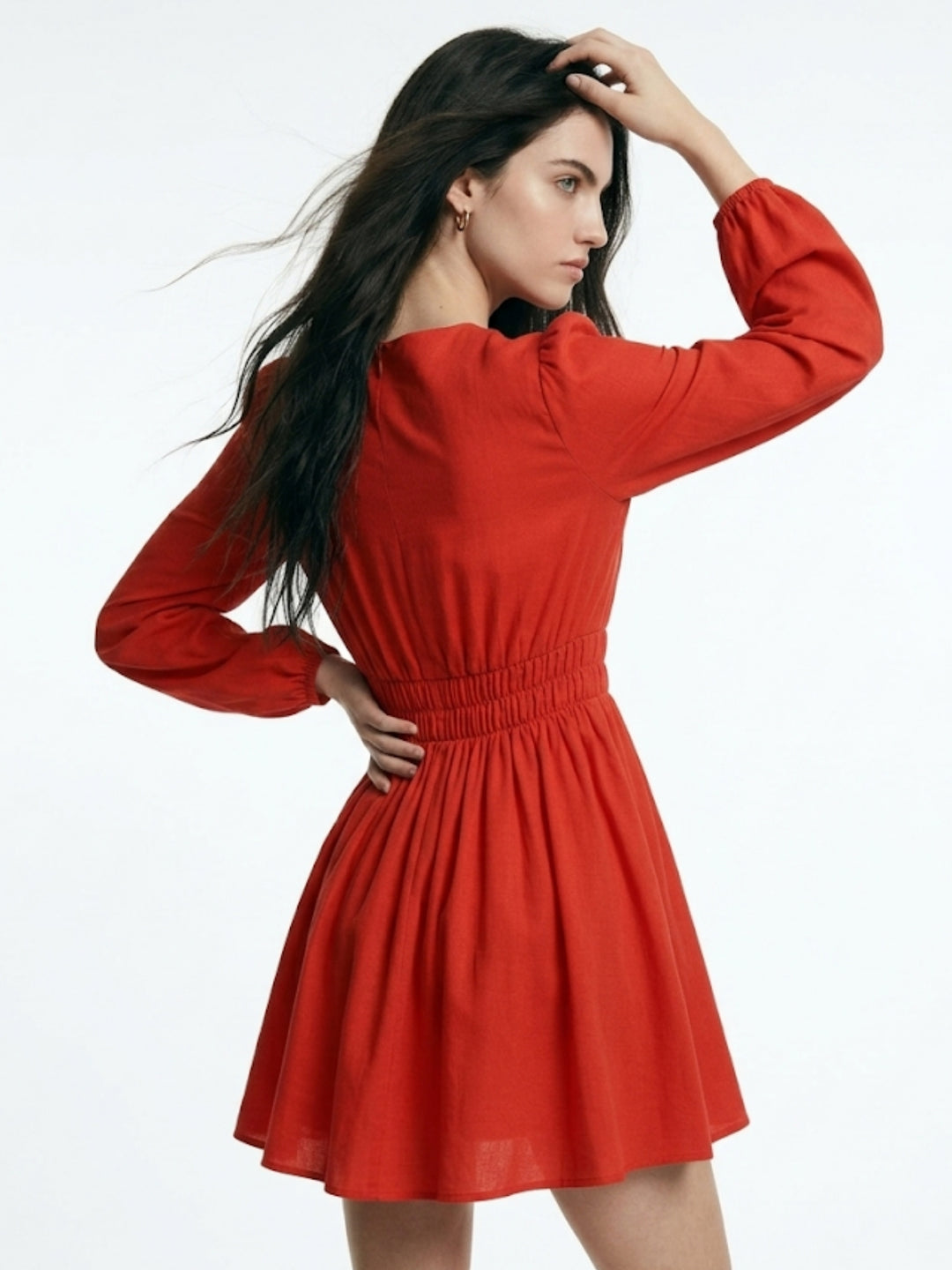 Orange Bishop Sleeve Waist Fitted Skater Dress