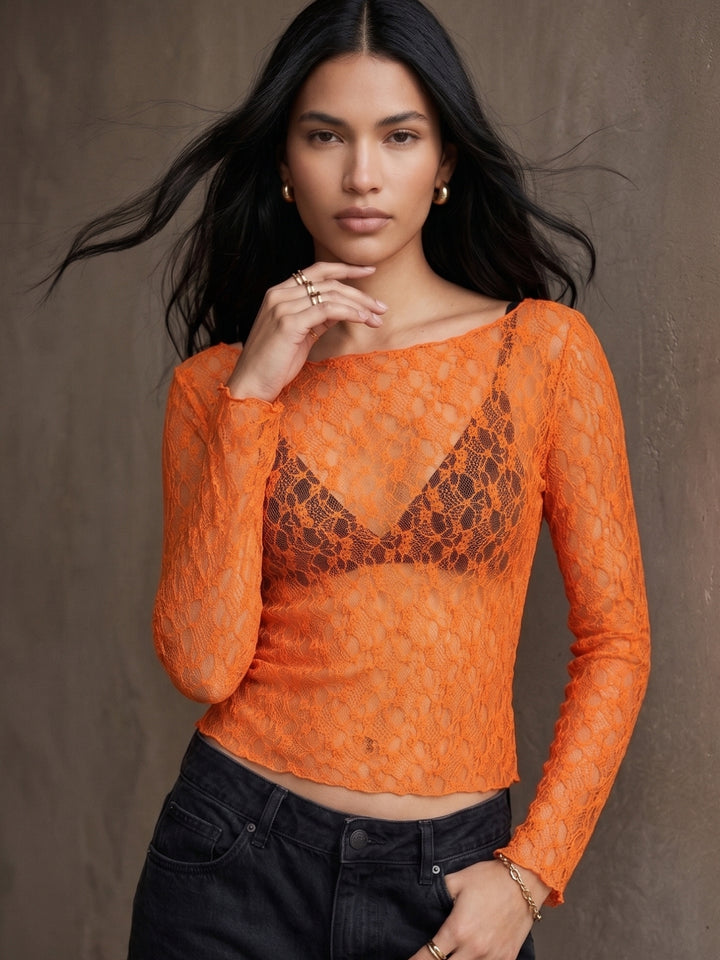 Orange Textured Mesh Sheer Top