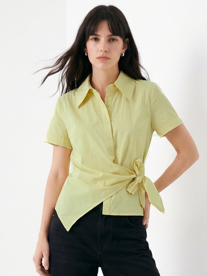 Yellow Button Down Relaxed Shirt With Side Tie Up Detail