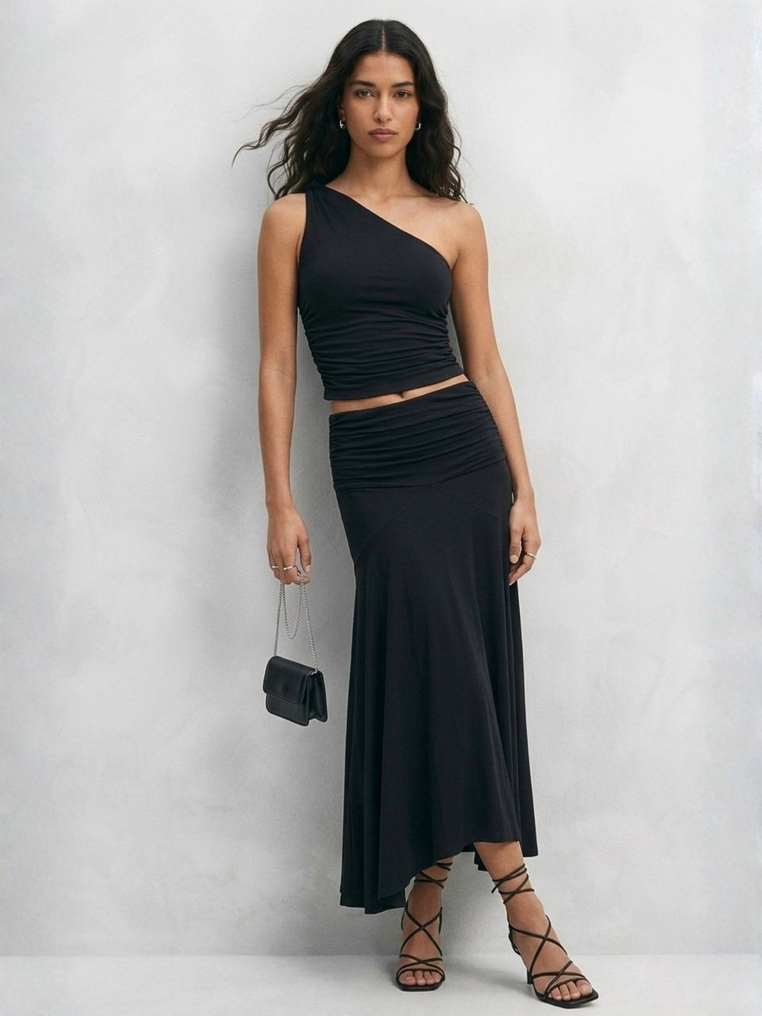 Black One Shoulder Fitted Top And Skirt Set