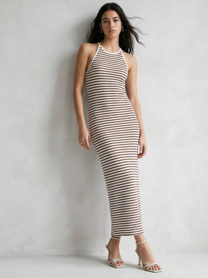 Cream Back Tie-Up Striped Dress