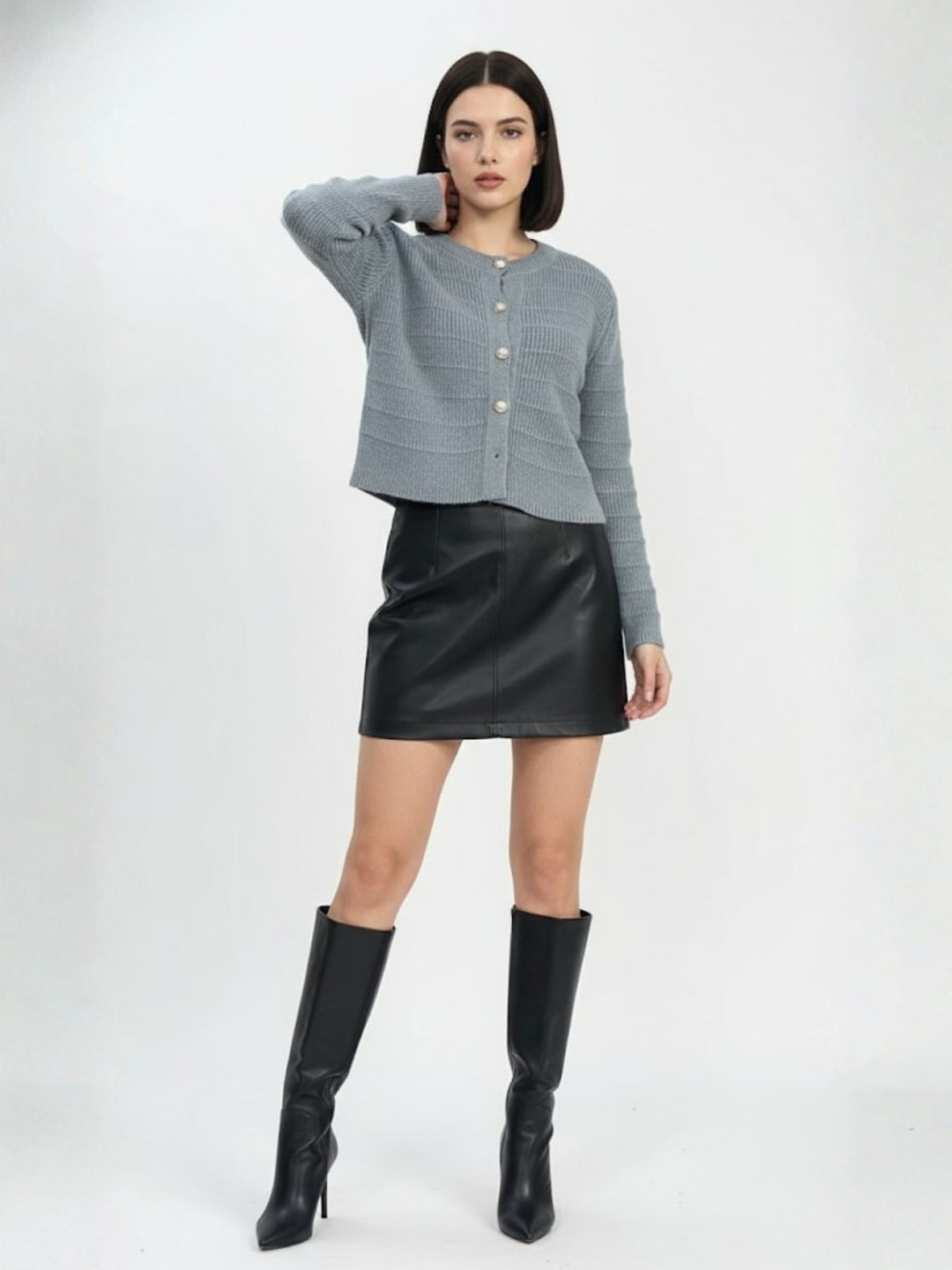 Grey Full Sleeve Textured Front Button Cardigan