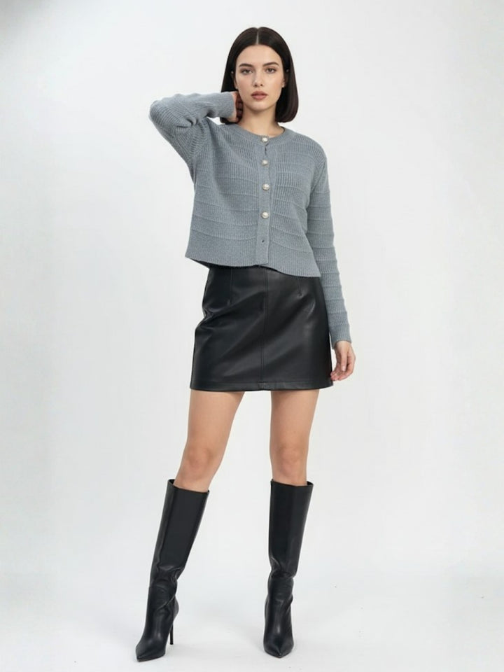 Grey Full Sleeve Textured Front Button Cardigan