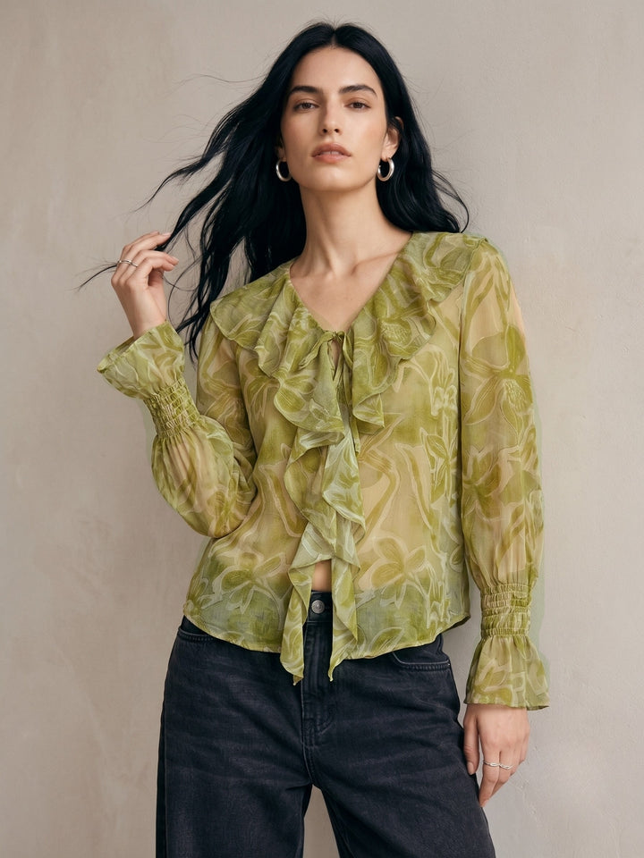 Green V Neck Printed Neck Tie Up Ruffled Blouse