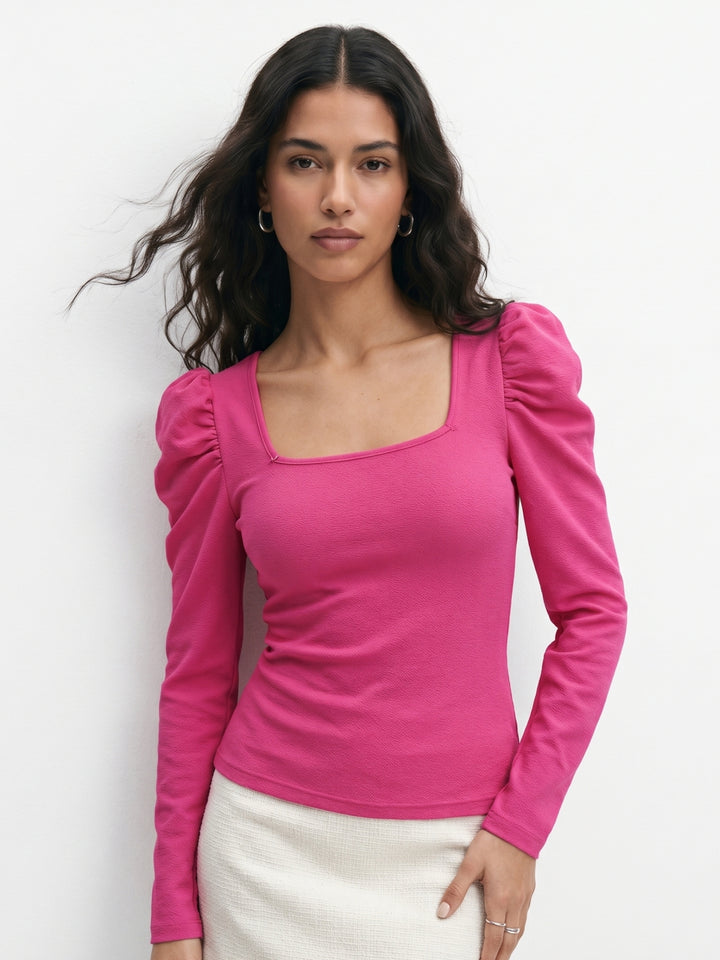 Pink Puff Sleeve Fitted Top