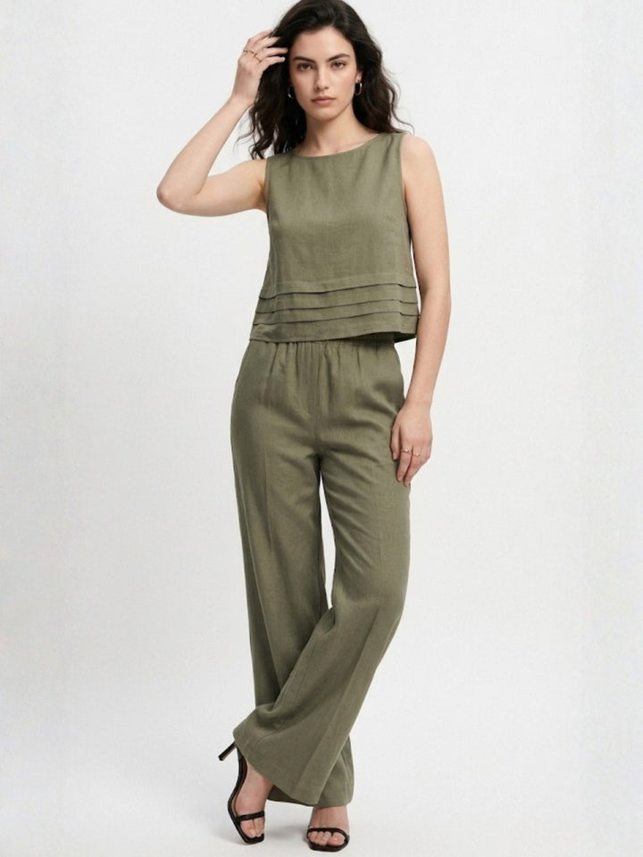 Olive Sleeveless Relaxed Top And Trousers Co-Ord Set
